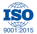 Logo di certificazione ISO 9001:2015 in blu con contorno del globo