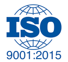 Logo di certificazione ISO 9001:2015 in blu con contorno del globo