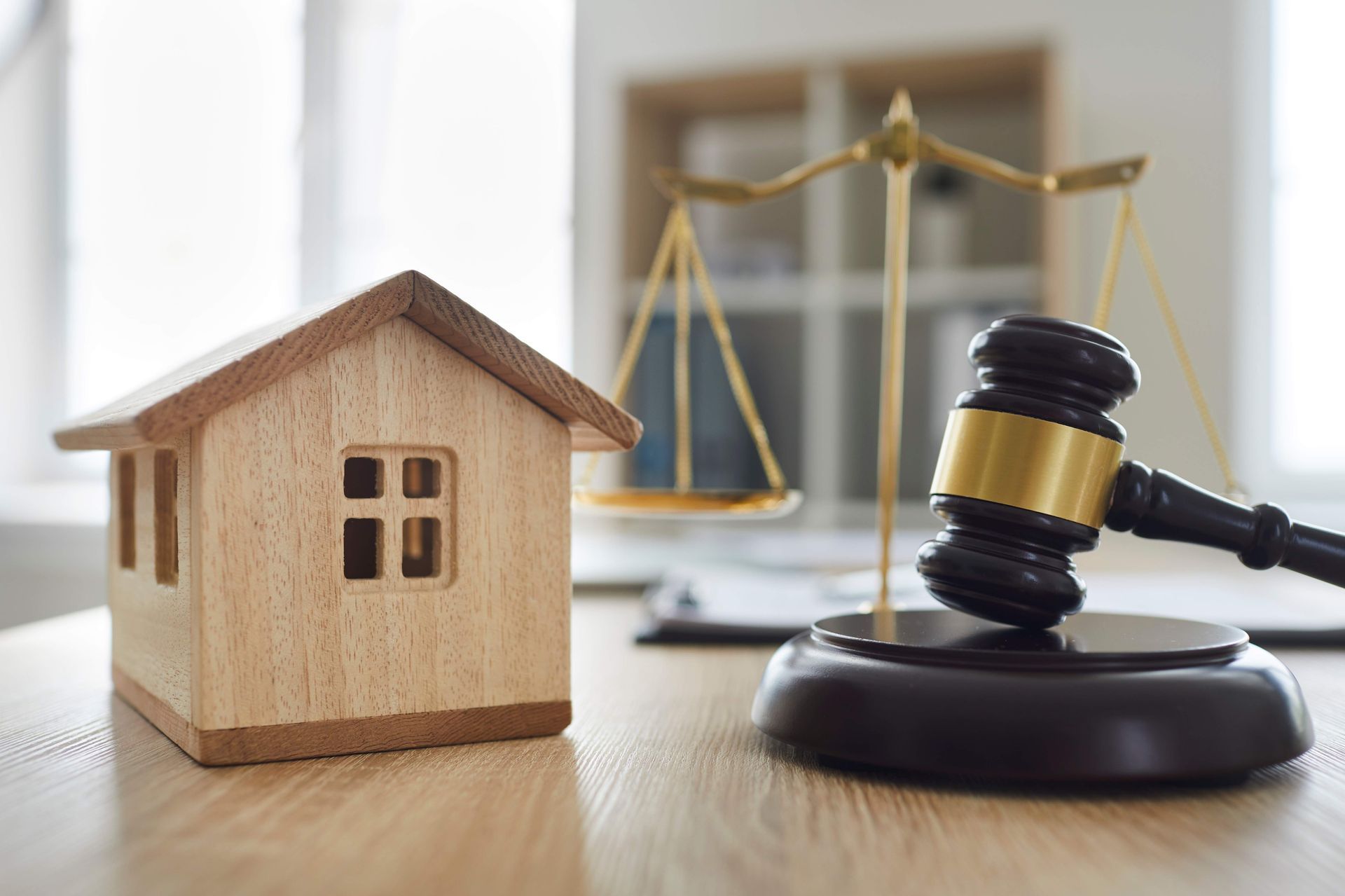 a wooden house is sitting on a wooden table next to a wooden gavel .