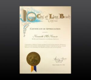 City of Long Beach Certificate of Appreciation with gold seal and blue-gold ribbon on cream paper