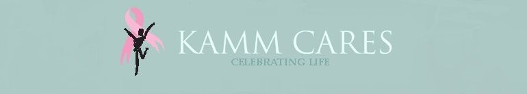 Kamm Cares logo with pink figure on a pale teal background