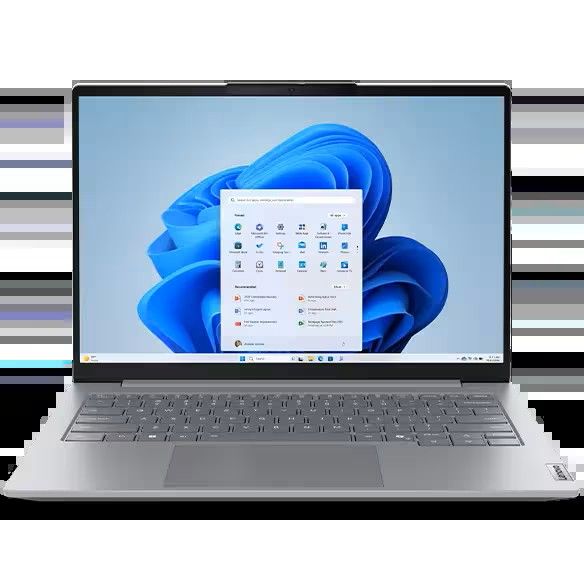 Computadora portátil Lenovo plateada que muestra el escritorio de Windows 11 con íconos de aplicaciones.