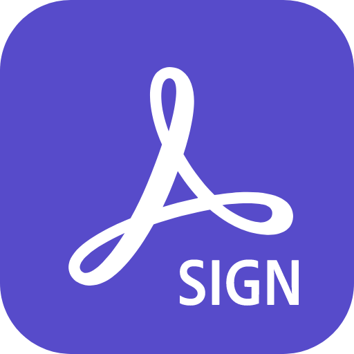 Logotipo de Adobe Sign sobre fondo morado. Símbolo de firma blanco y texto