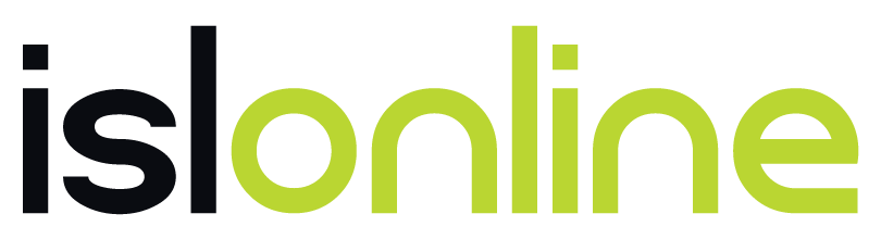 Logotipo de “islonline” en negro y verde.