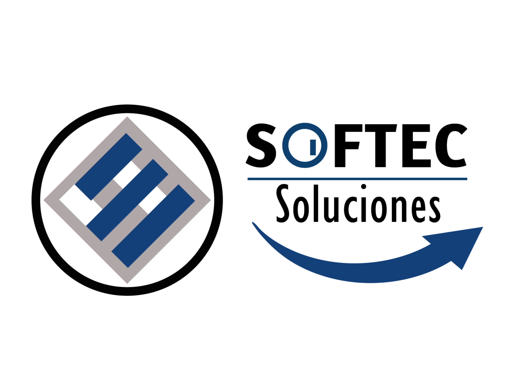 Logotipo para Softec Soluciones, que presenta circular con una forma geométrica azul y gris, y el nombre de la empresa.