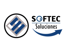 Logotipo de SOFTEC Soluciones con icono geométrico azul y negro y flecha azul curva.