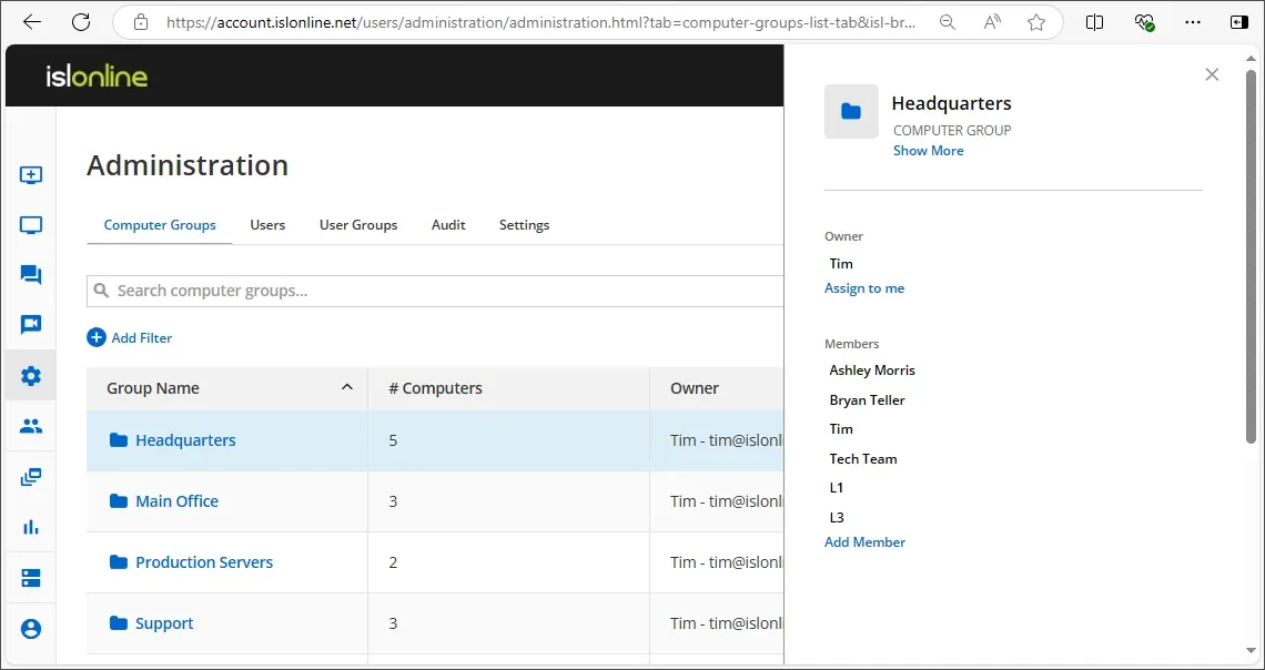 Página web con opciones de administración, un archivo seleccionado y detalles mostrados en una barra lateral.
