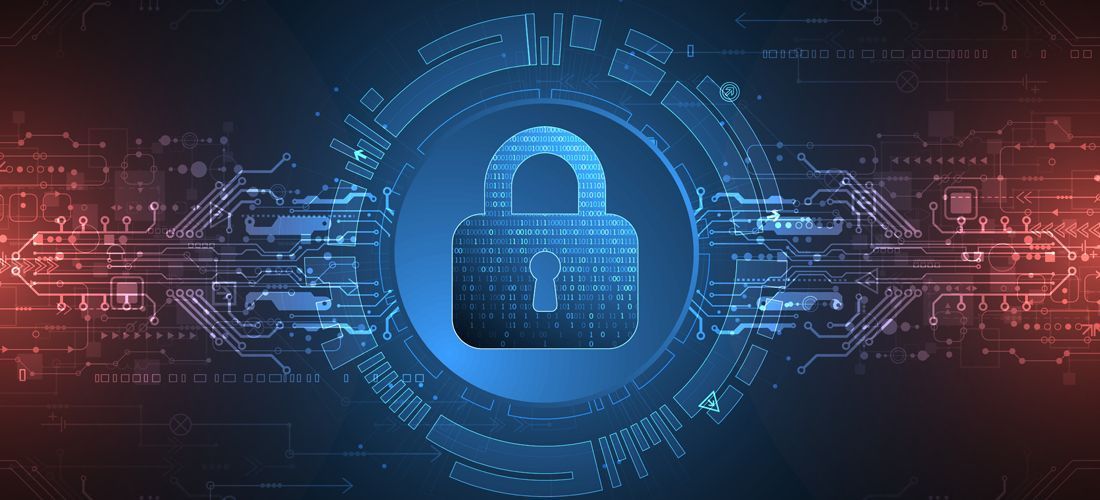 Blue digital padlock icon centered on a futuristic circuit background, symbolizing cybersecurity