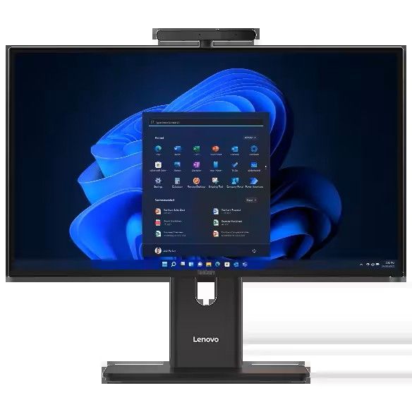 Computadora de escritorio todo en uno Lenovo, colores oscuros, interfaz Windows 11 en pantalla, con cámara web incorporada.