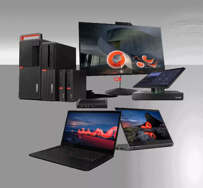 hardware informático de Lenovo dispuestos sobre un fondo gris, incluidas computadoras,monitores y computadoras de escritorio.