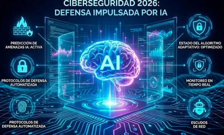 Cybersecurity 2026: AI-powered defense visualized as a glowing brain with data streams and icons.