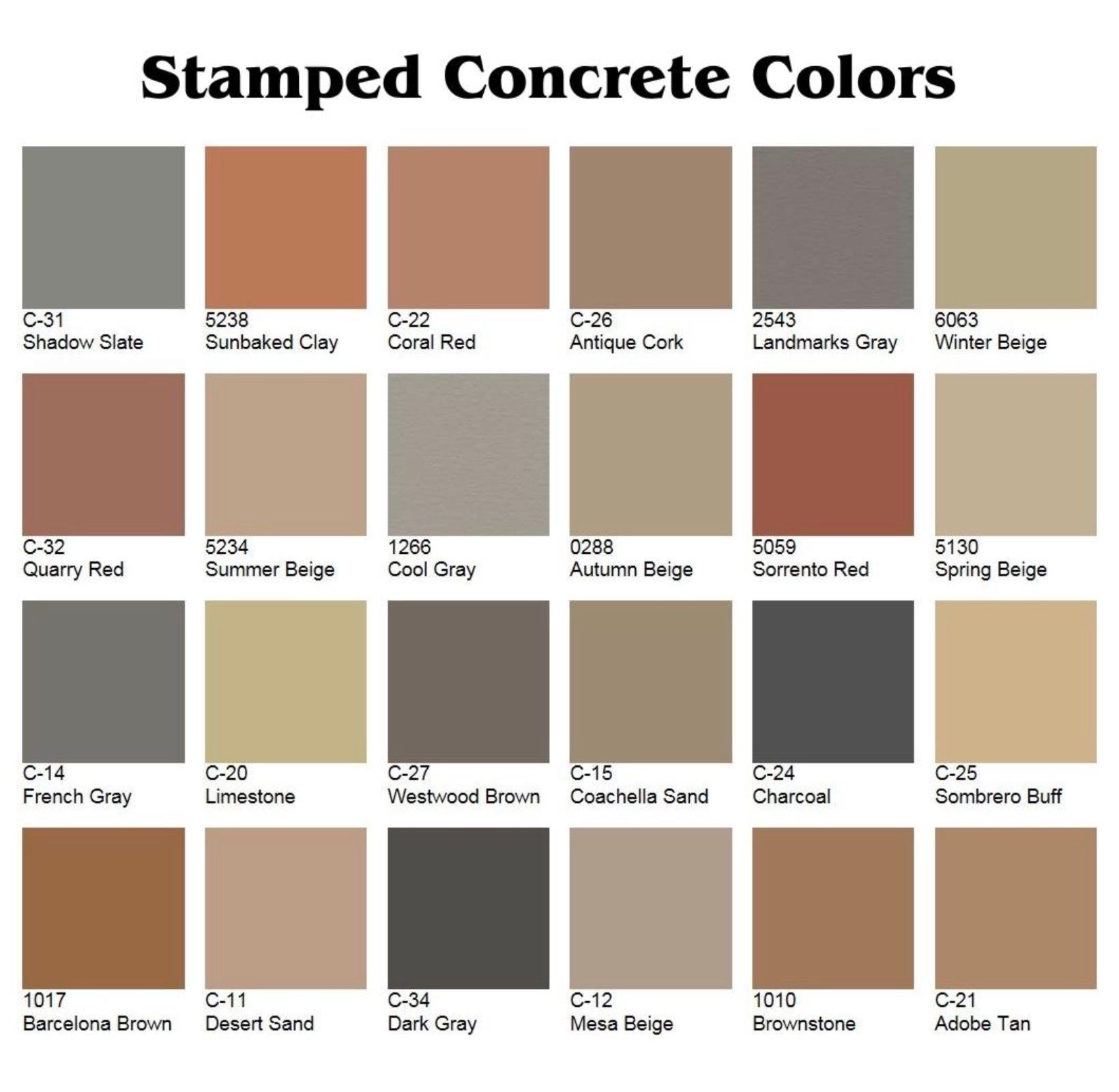 Stamped concrete color chart with 20 labeled swatches in earth tones, grays, reds, and tans