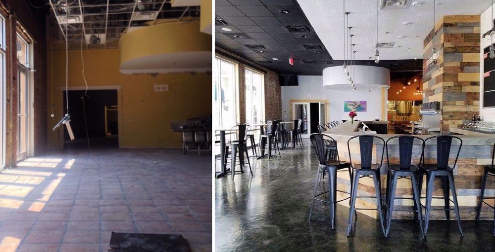 Before and after of a renovated restaurant interior: yellow walls, concrete floor, bar with stools.