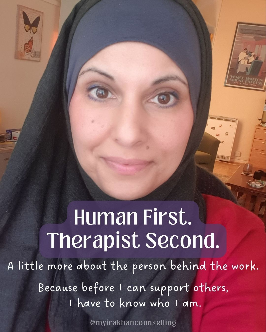 Blog graphic titled 'Human First, Therapist Second' exploring authenticity, identity, ADHD, faith
