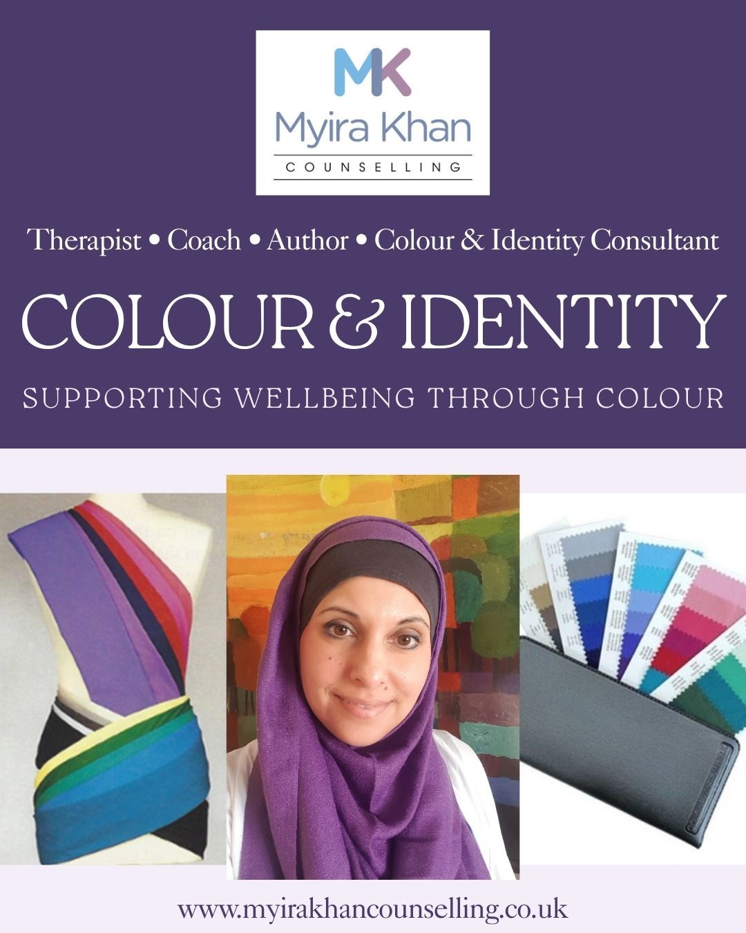 Colour & Identity flyer by Myira Khan linking to professional colour analysis consultations and the Colour & Identity approach, introducing professional colour analysis, confidence, identity and wellbeing