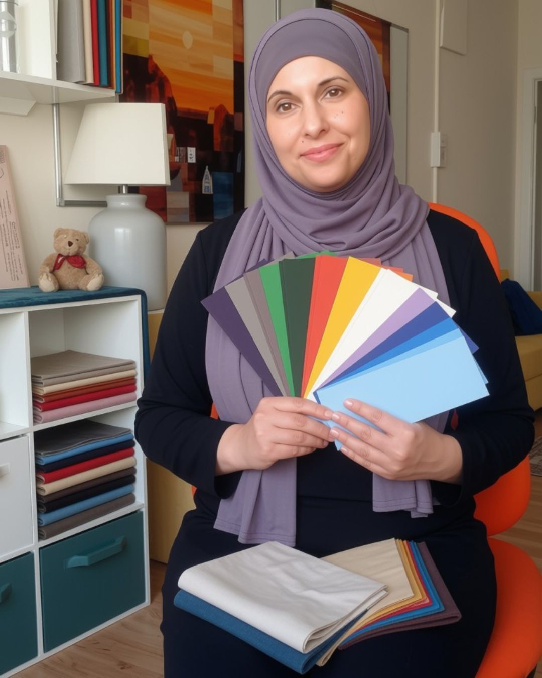 Professional colour analysis consultation with Myira Khan in her Leicester city centre studio holding up colour drapes