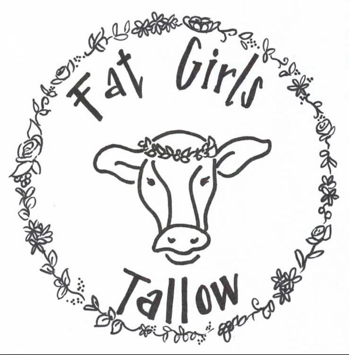 Fat Girls Tallow Logo with a line-drawn cow head inside a floral wreath and the words “Fat Girls Tallow.”