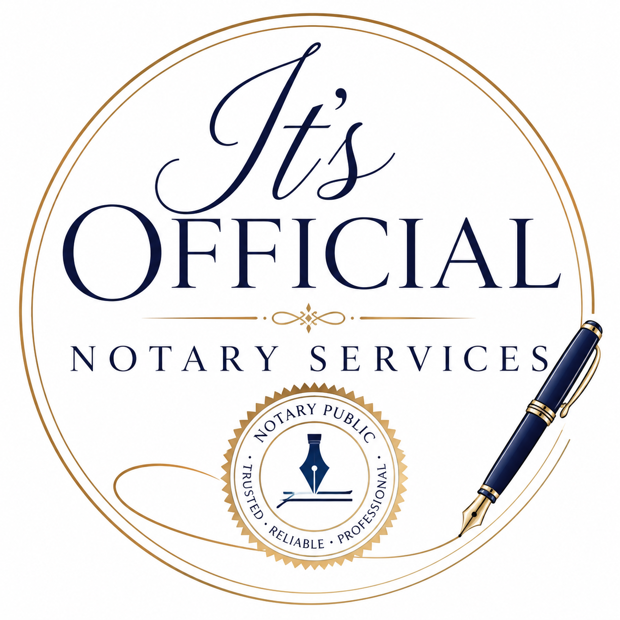 It's Official Notary Services It’s Official Notary Services logo with gold ring, navy text, and a pen illustration