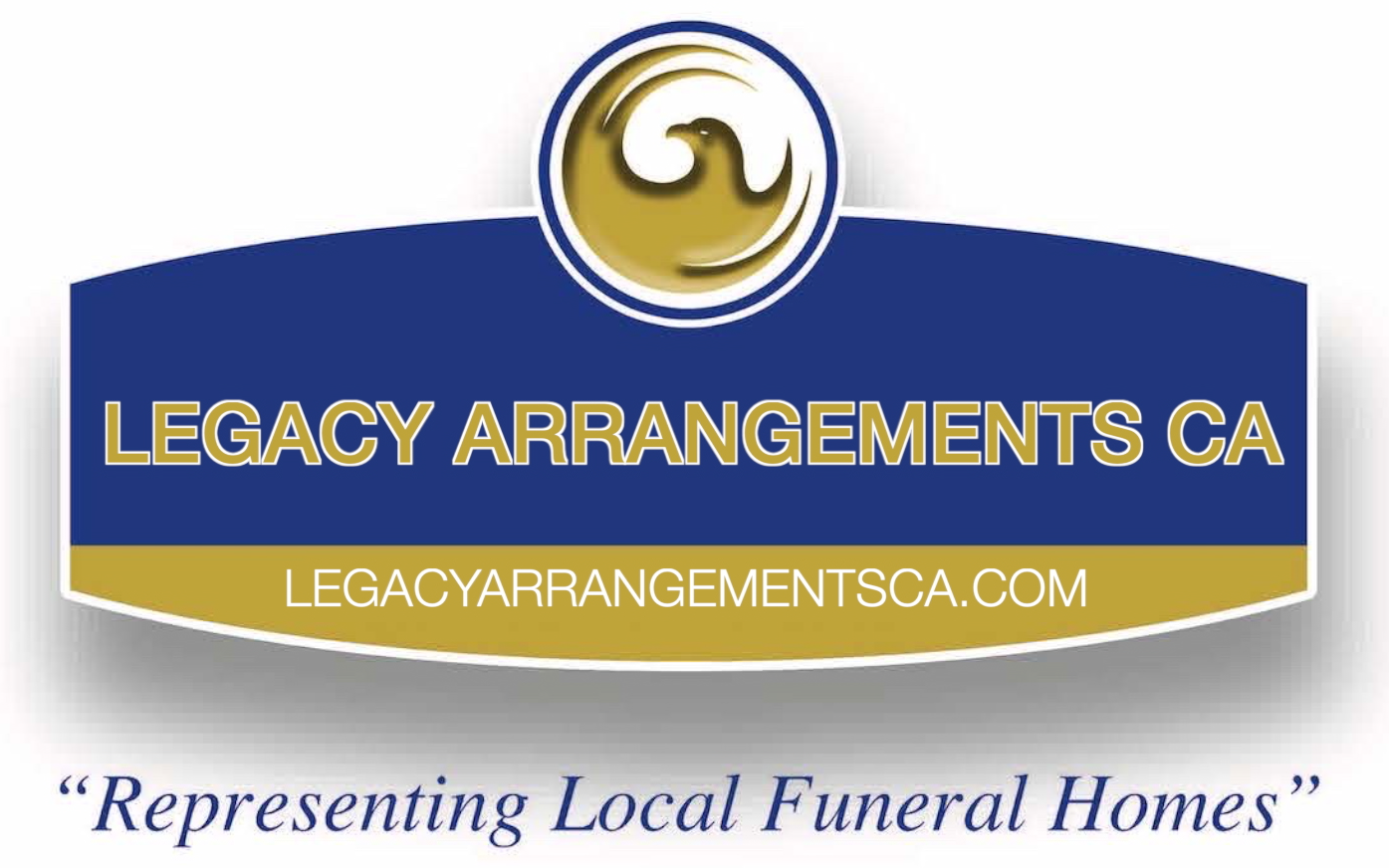 Legacy Arrangements Legacy Arrangements CA logo in blue and gold with “Representing Local Funeral Homes” tagline