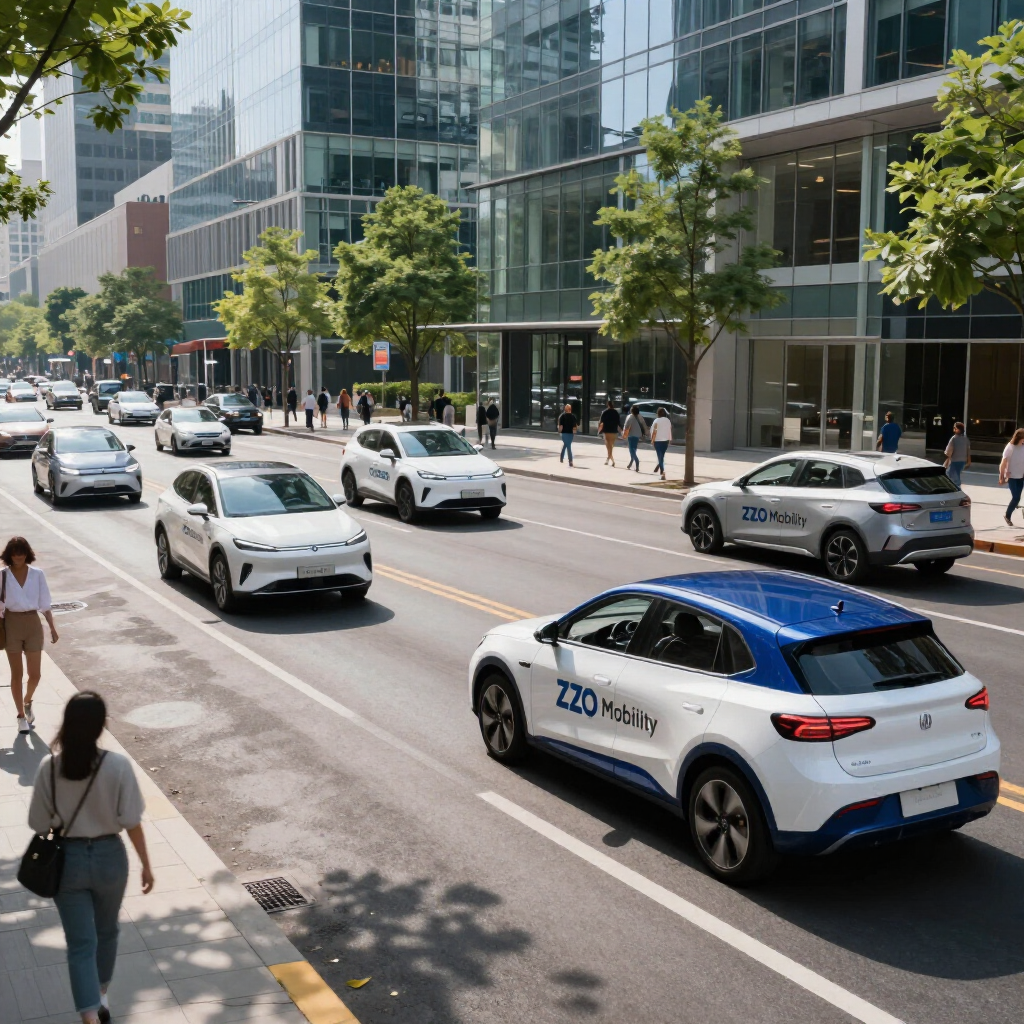 Self-driving cars drive on a busy city street beside glass office buildings and pedestrians