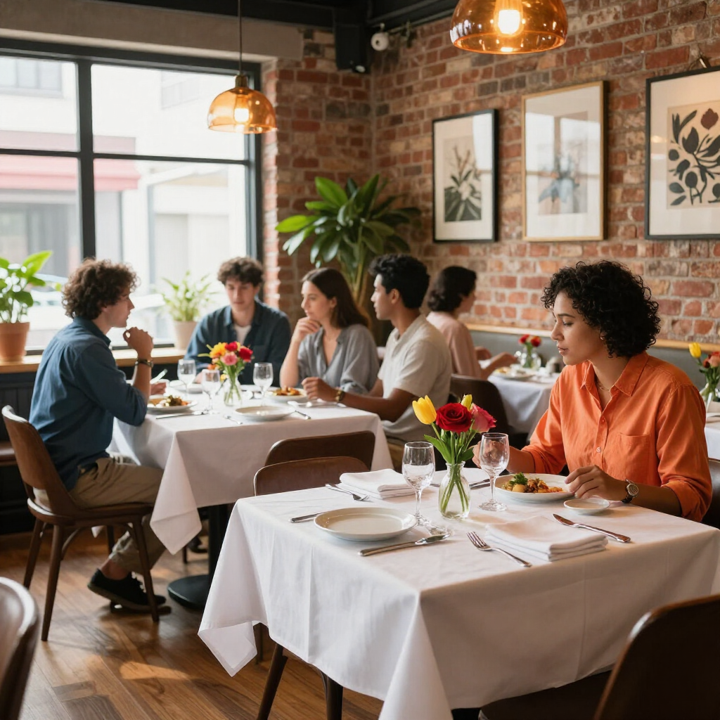 People dining at a cozy restaurant with brick walls, white tablecloths, and warm pendant lights