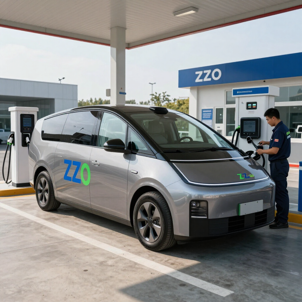 Silver ZZO electric van charging at a station while an attendant uses a payment terminal.
