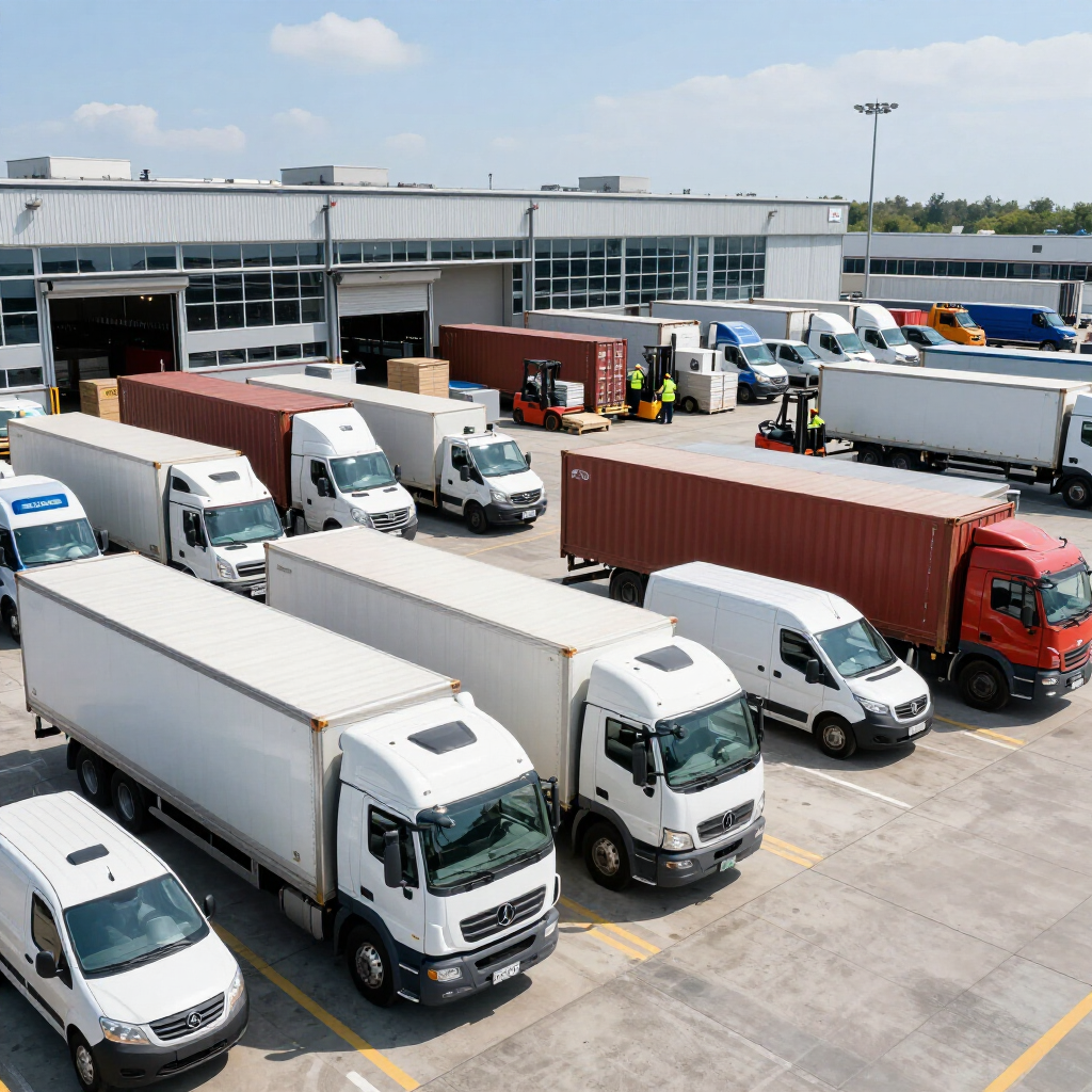 Busy truck depot with several white and red freight trucks parked outside a warehouse
