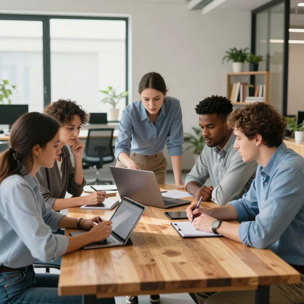 Team collaborating around a laptop at a wooden conference table in a bright office.