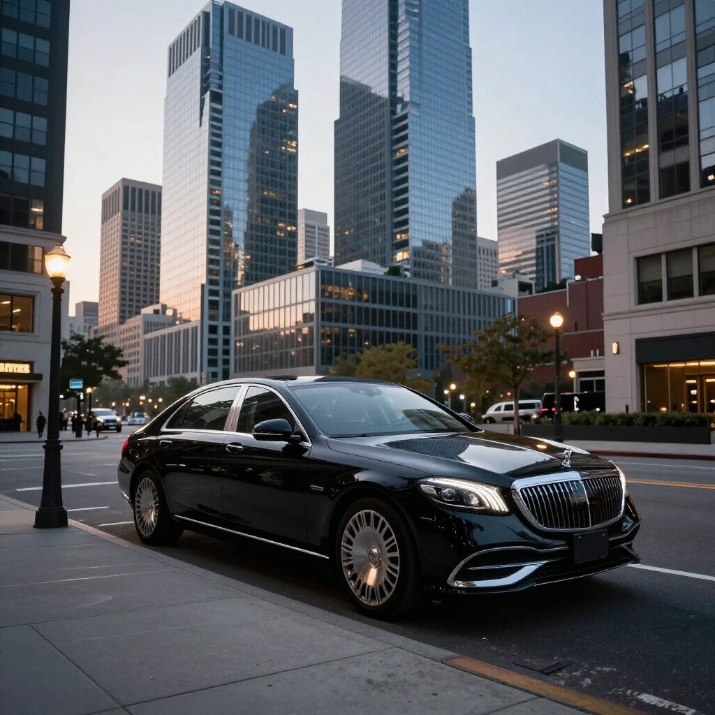Black luxury sedan parked on a city street at dusk with tall glass office buildings behind it