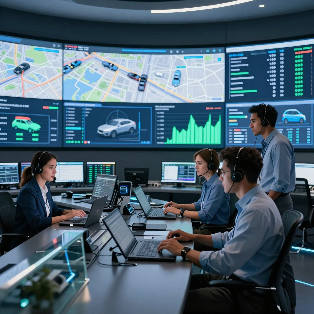 Control room team monitoring city transport dashboards on large screens, laptops open on a conference table