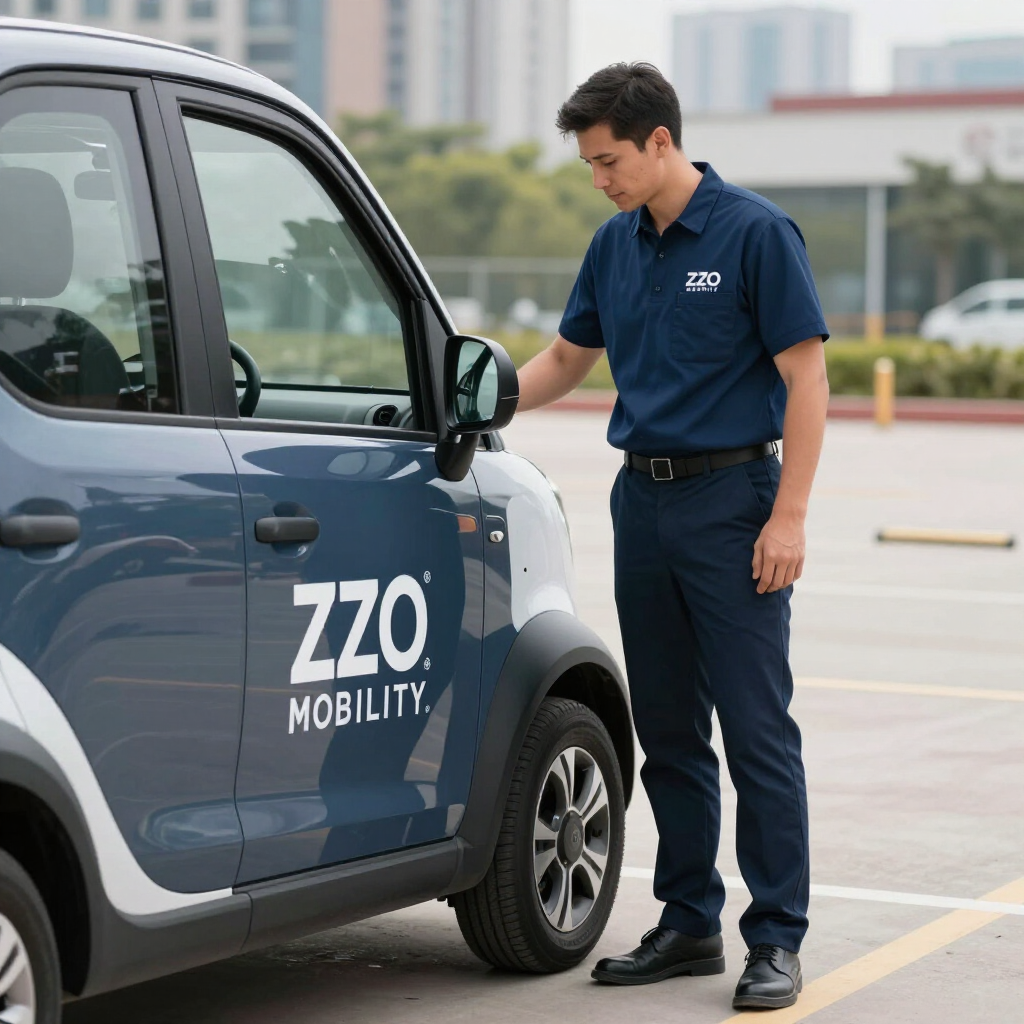 Man in navy uniform charging a blue ZZO Mobility electric car in a parking lot
