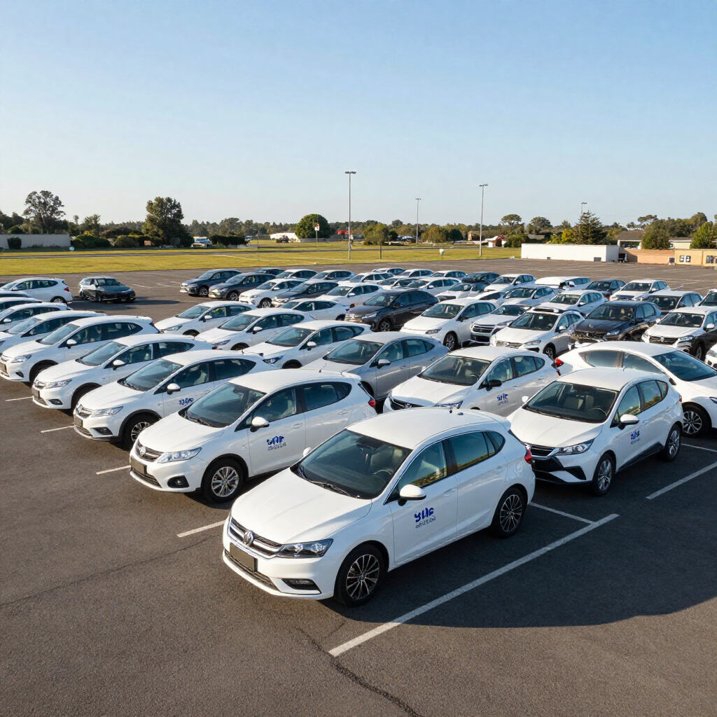 Rows of white compact cars parked in a large lot under a clear blue sky
