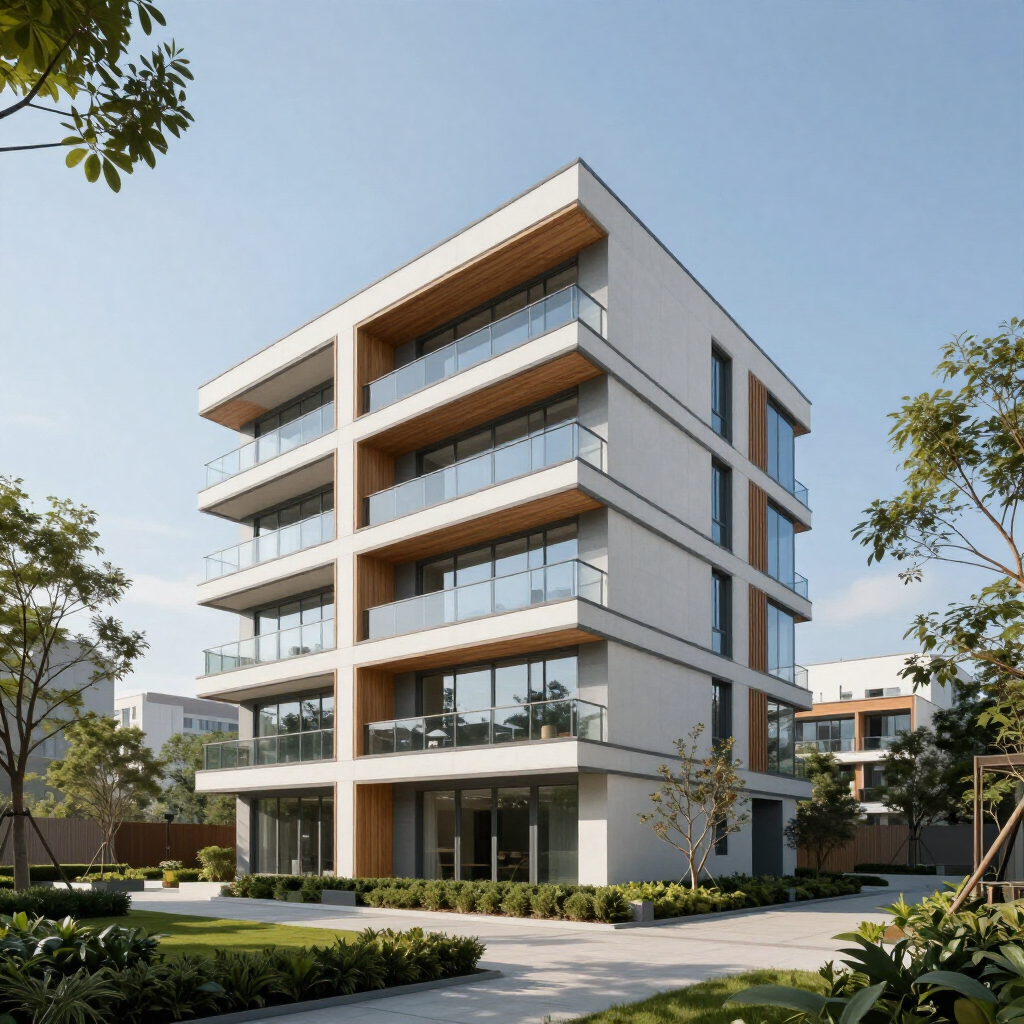Modern white apartment building with glass balconies and landscaped grounds under a clear sky
