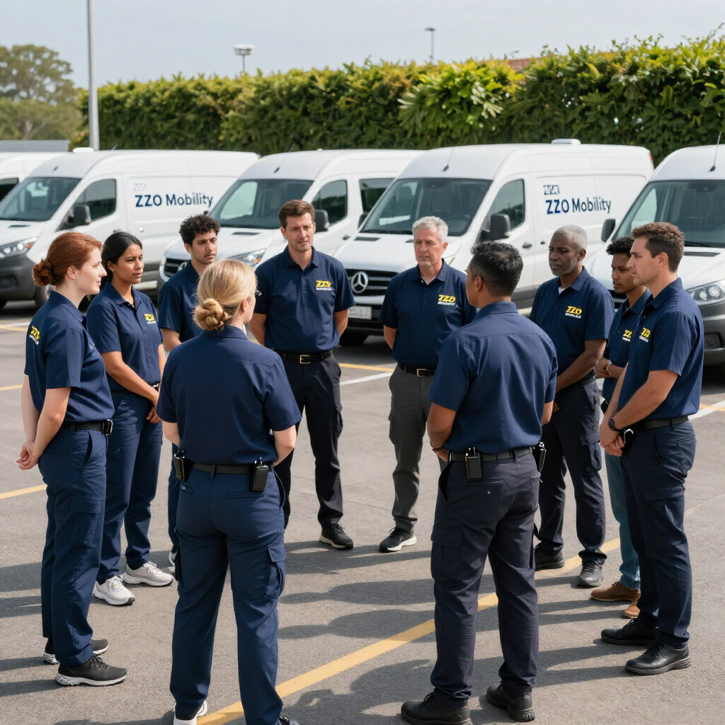 Small group of uniformed workers standing in a parking lot beside white vans, talking in a circle
