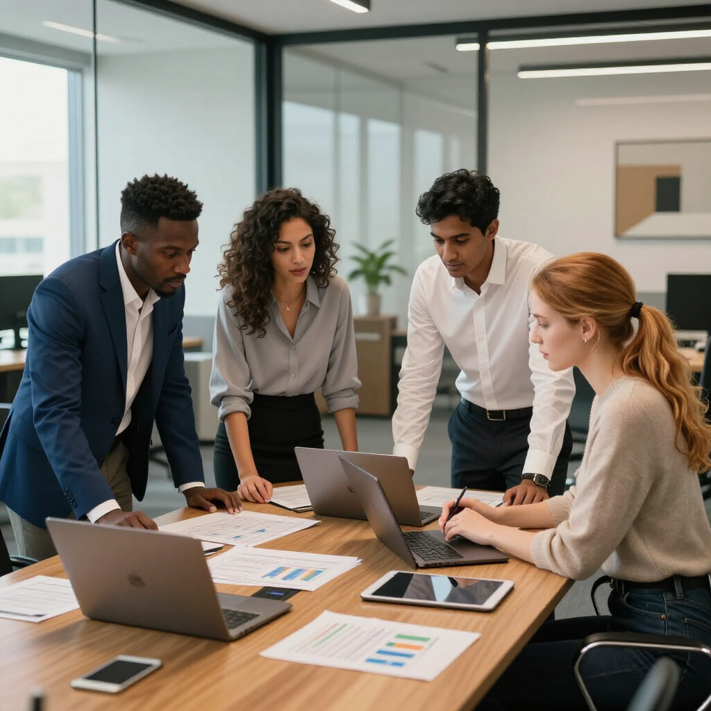 Colleagues gather around a conference table reviewing charts and laptops in a modern office meeting room