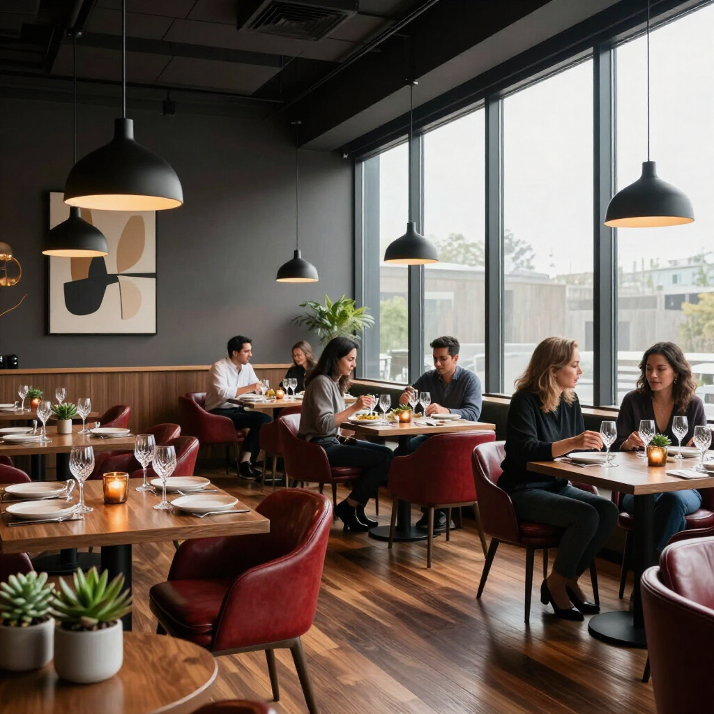 Cozy café with people dining at tables beside large windows and warm pendant lights