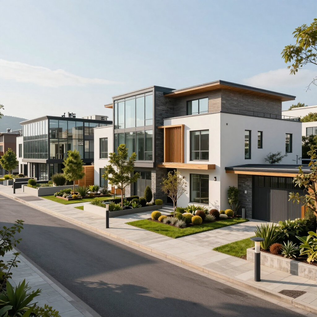 Modern residential street with sleek glass-fronted houses, manicured lawns, and a clear sky