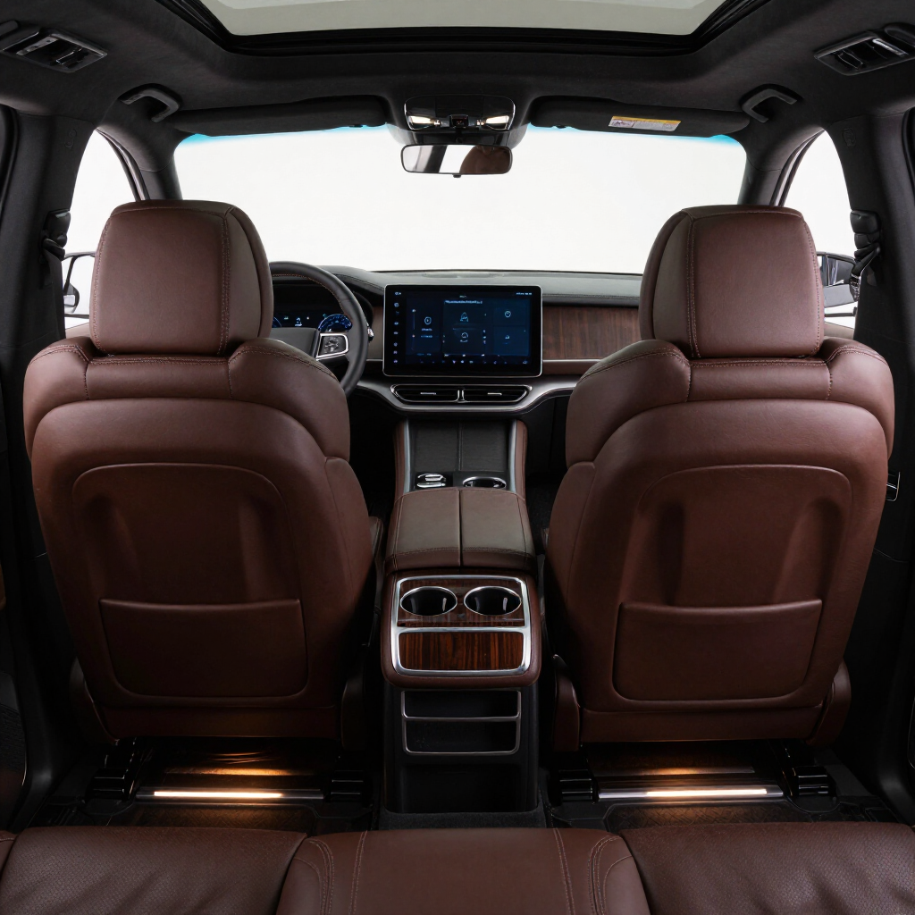Rear view of a luxury SUV interior with brown leather seats and a central touchscreen display