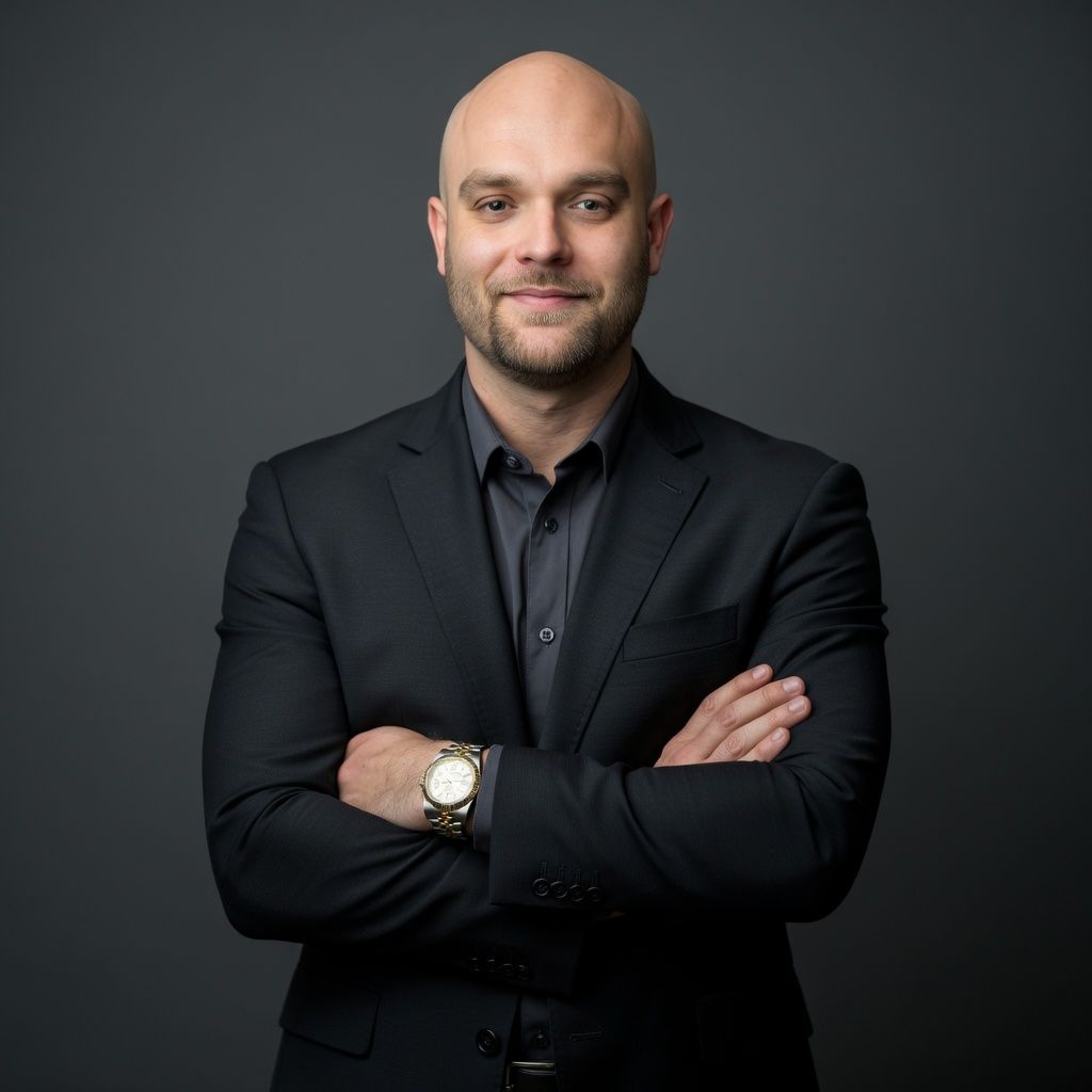 Smiling bald man in a black suit with arms crossed against a dark gray background