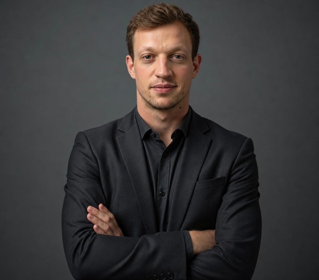 Man in a dark blazer standing with arms crossed against a gray background