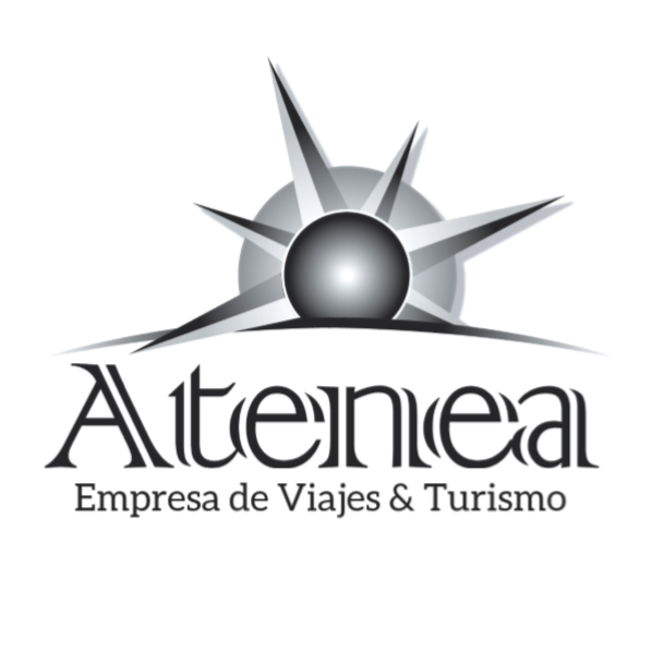 Logo de Altemeal, empresa de viajes y turismo, con sol, horizonte y esfera central en blanco y negro