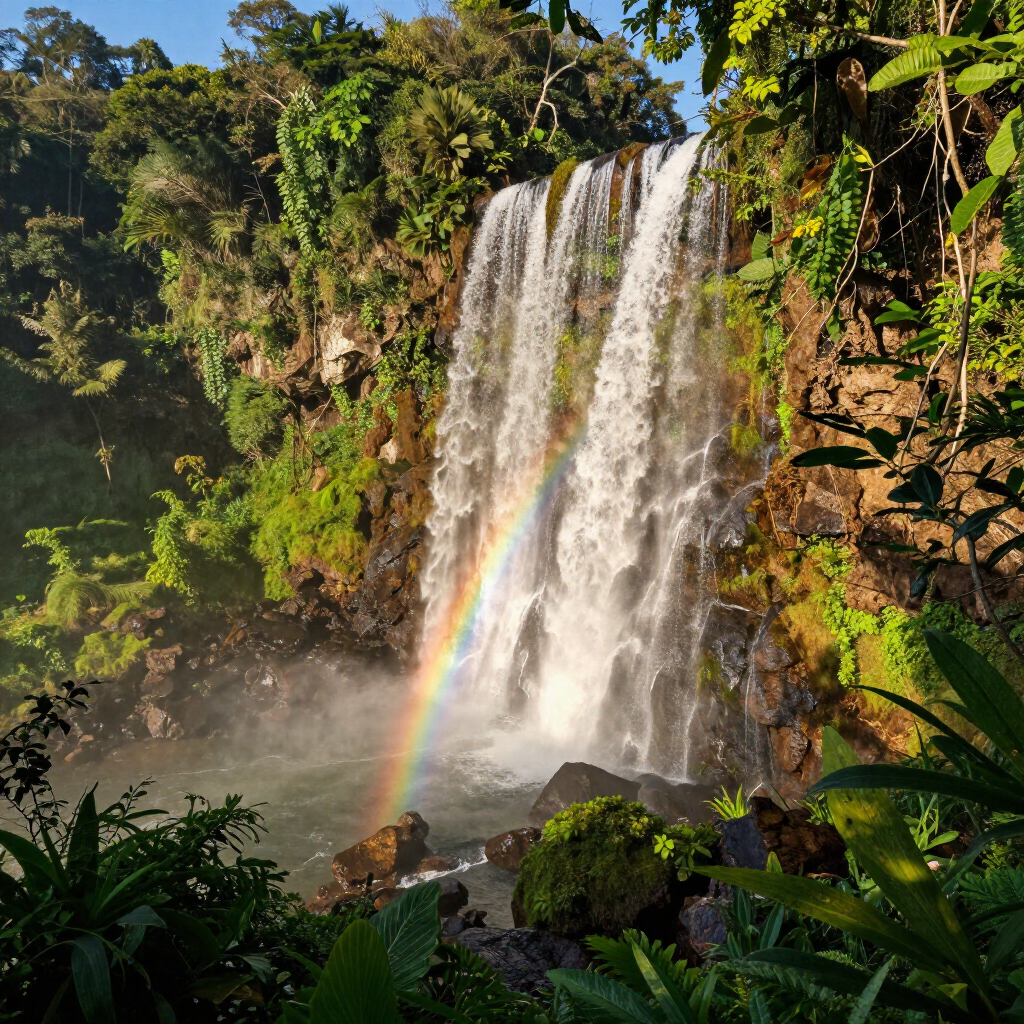 Una exuberante cascada que cae en cascada sobre un acantilado rocoso entre la niebla, con un arcoíris.
