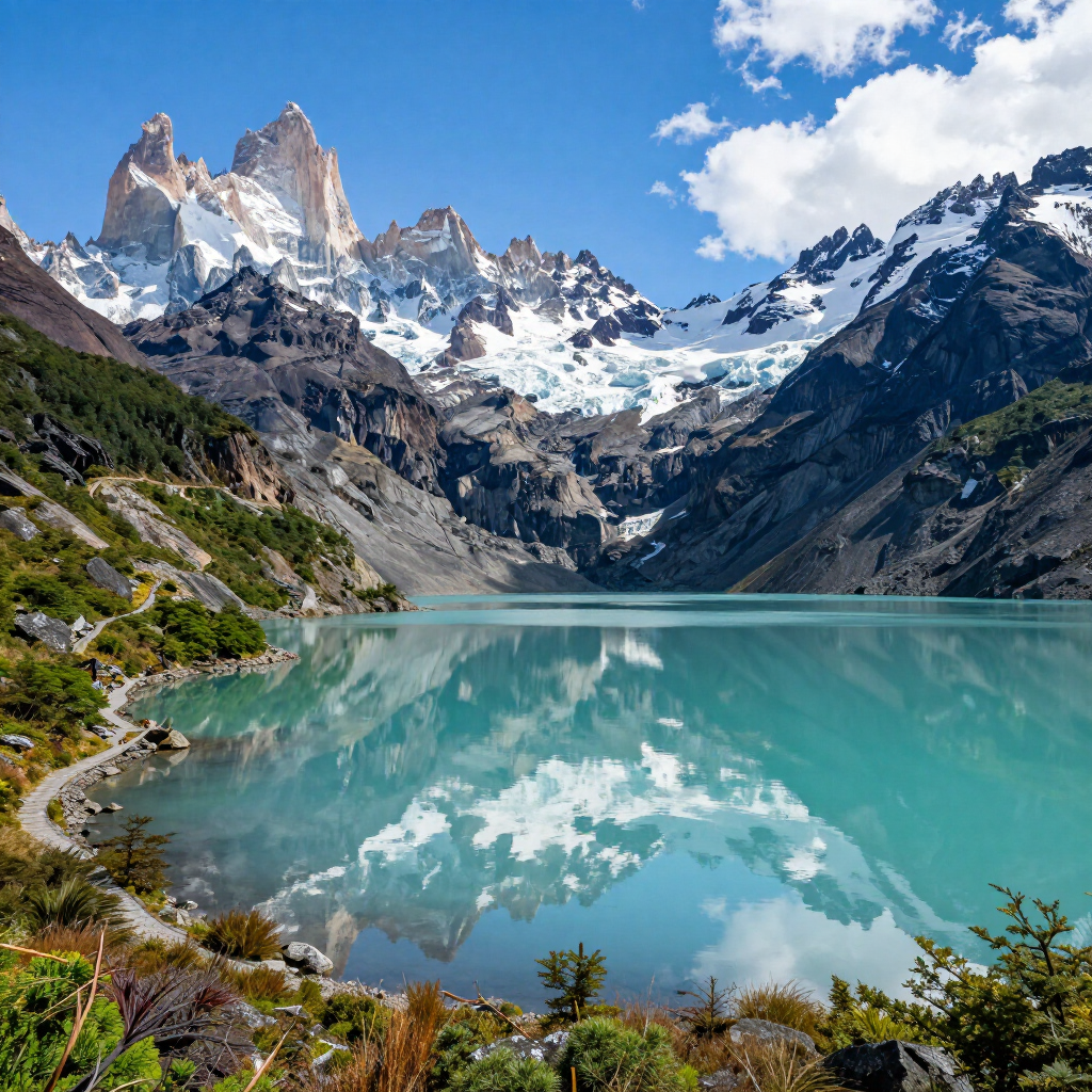 Lago alpino de color turquesa que refleja montañas nevadas y escarpadas bajo un cielo azul brillante.
