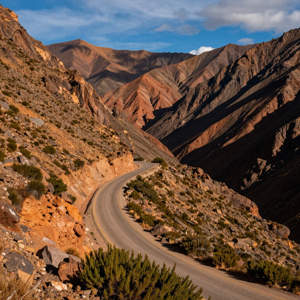 Un sinuoso camino de montaña atraviesa un cañón rocoso del desierto bajo un cielo azul.