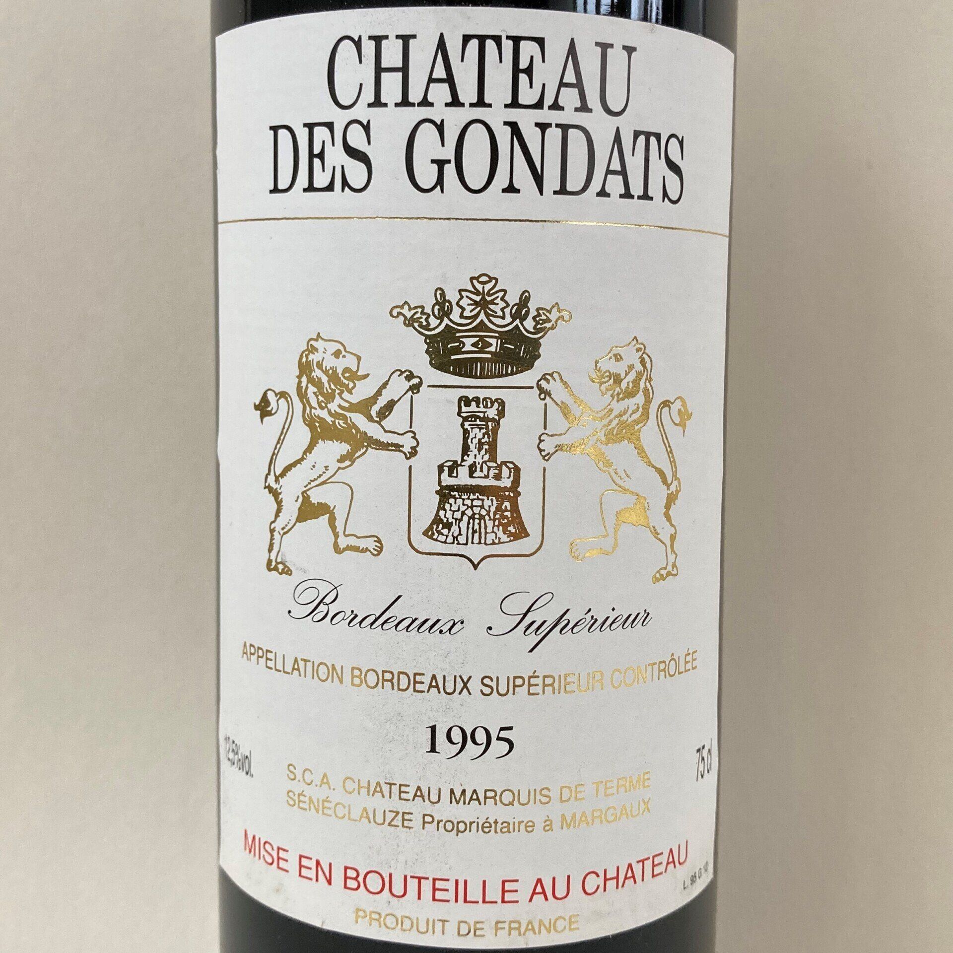 Het label van een fles Chateau des Gondats 1995