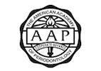 The american academy of periodontology logo is black and white.