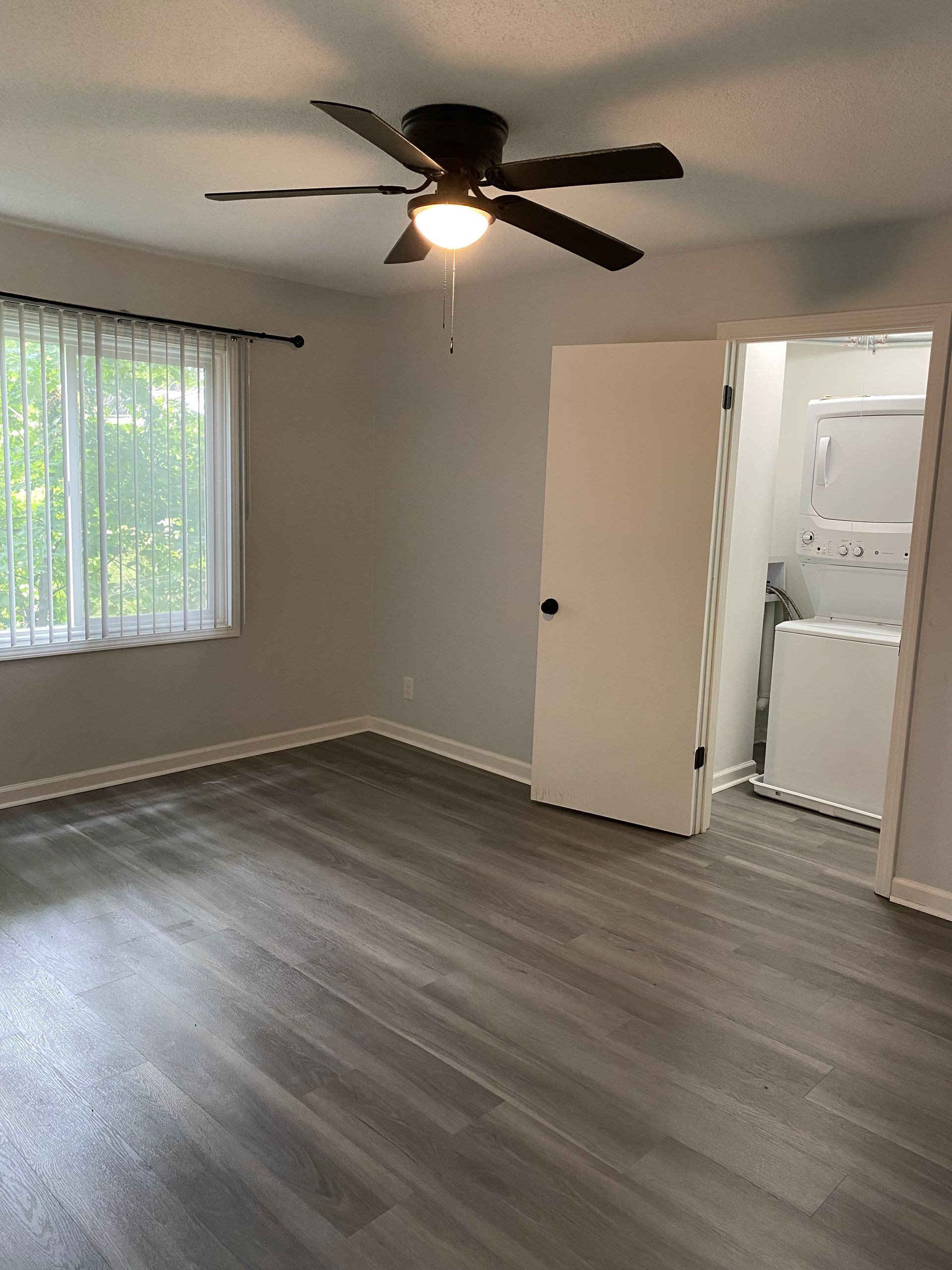 Empty gray room with wood-look floors, white doors, and a ceiling light.