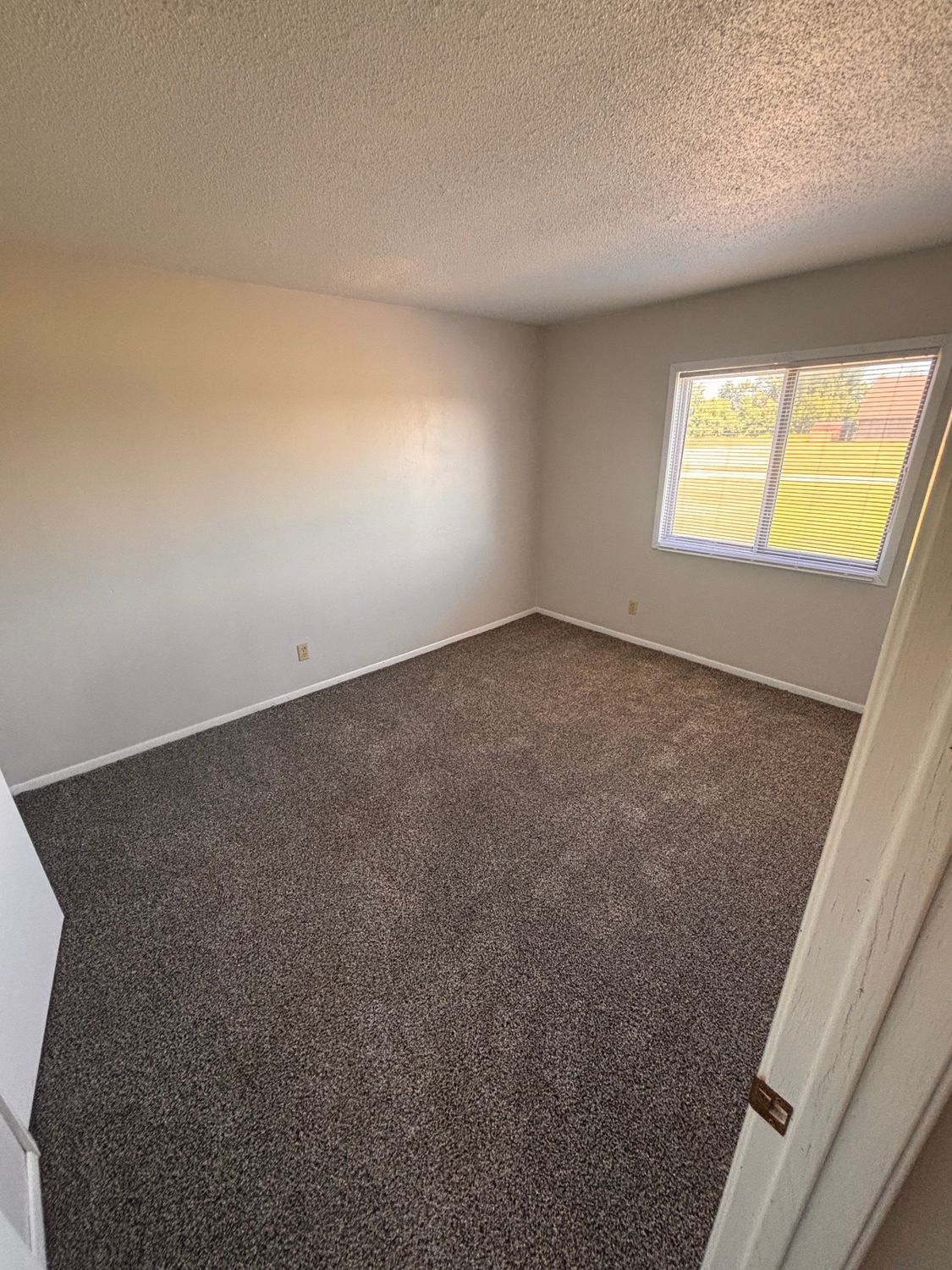 Empty beige bedroom with gray carpet and a window with blinds.