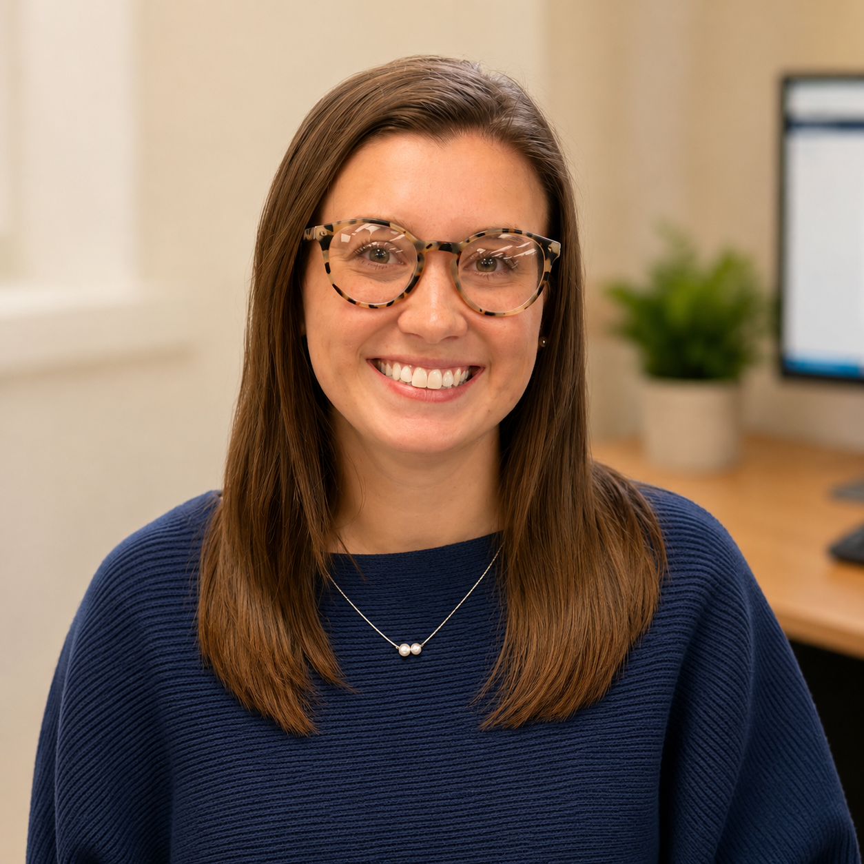 Smiling person with glasses in a navy sweater, seated in a bright office with a blurred plant and computer monitor.