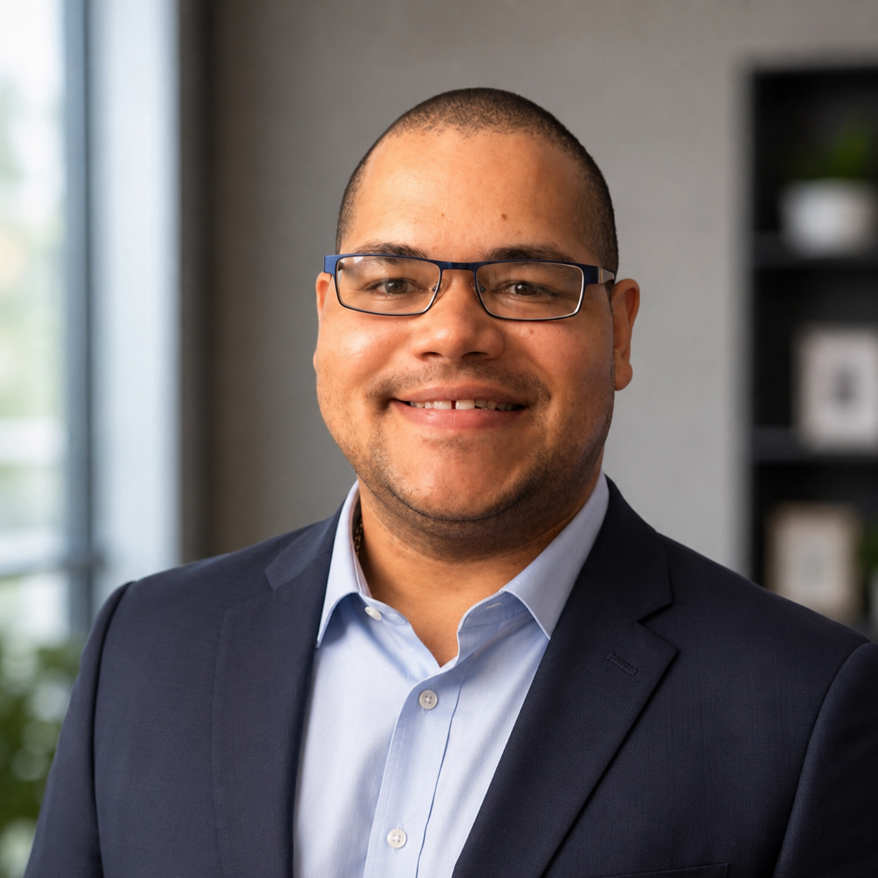 Smiling man in glasses and navy blazer against a blurred office background